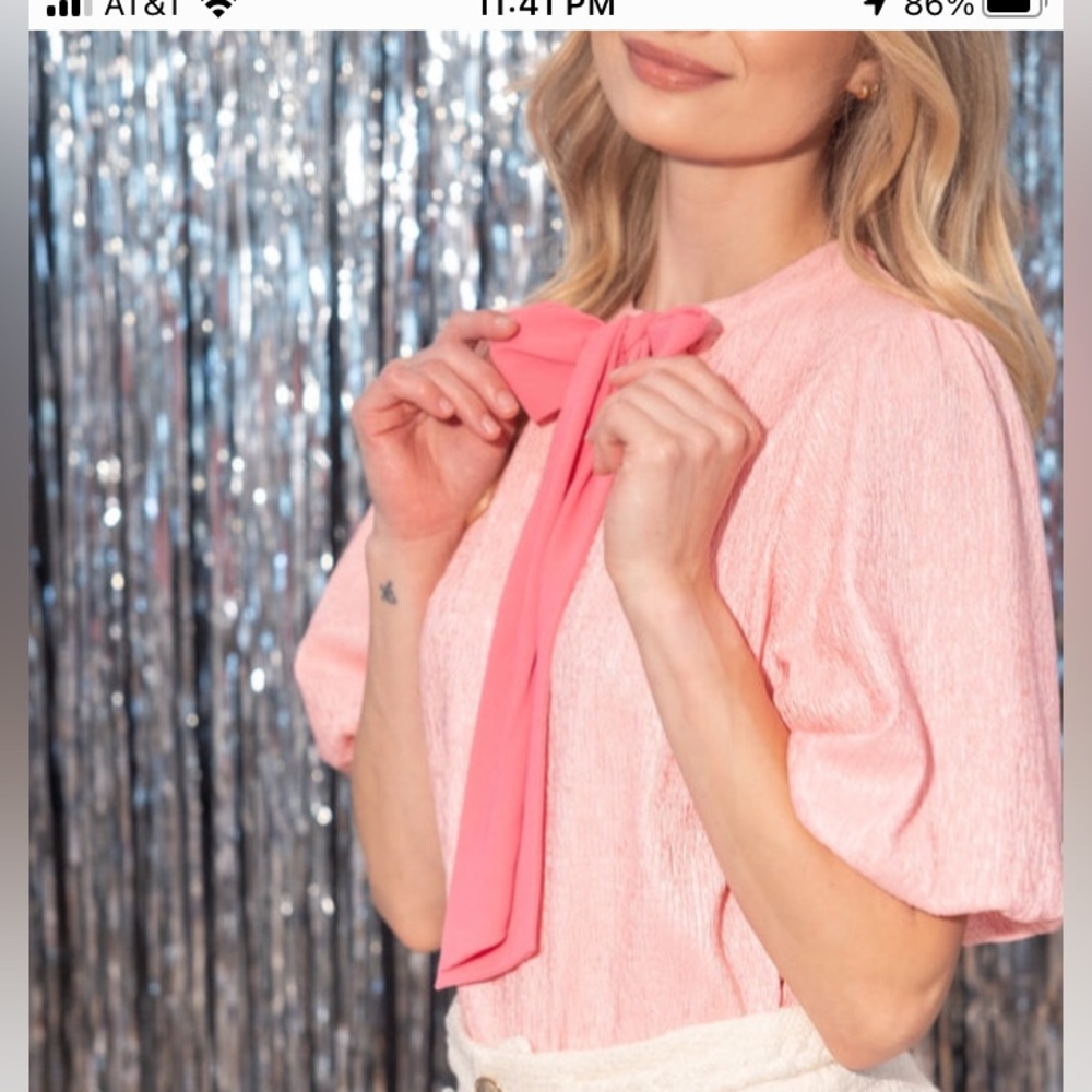 Voy elegant contrast Pink Bow Tie coquette office fabulous bubble sleeve S READ - Picture 2 of 11